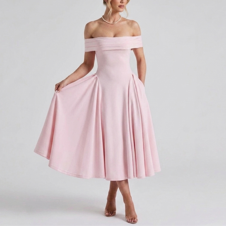 Midi dress with bare shoulders and a flared skirt for women