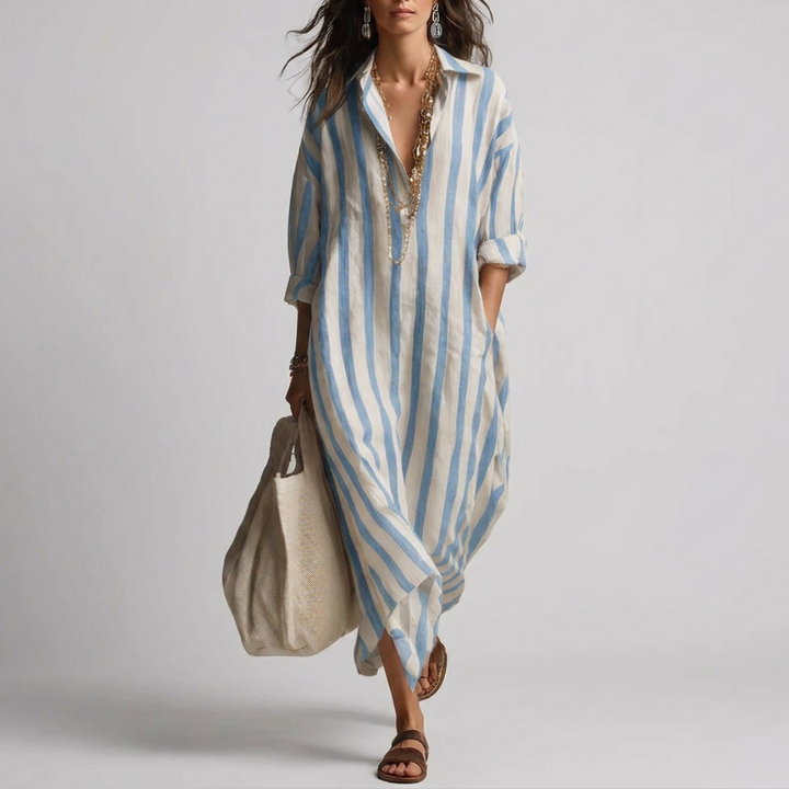 Relaxed striped linen maxi dress with a collar and long sleeves for women