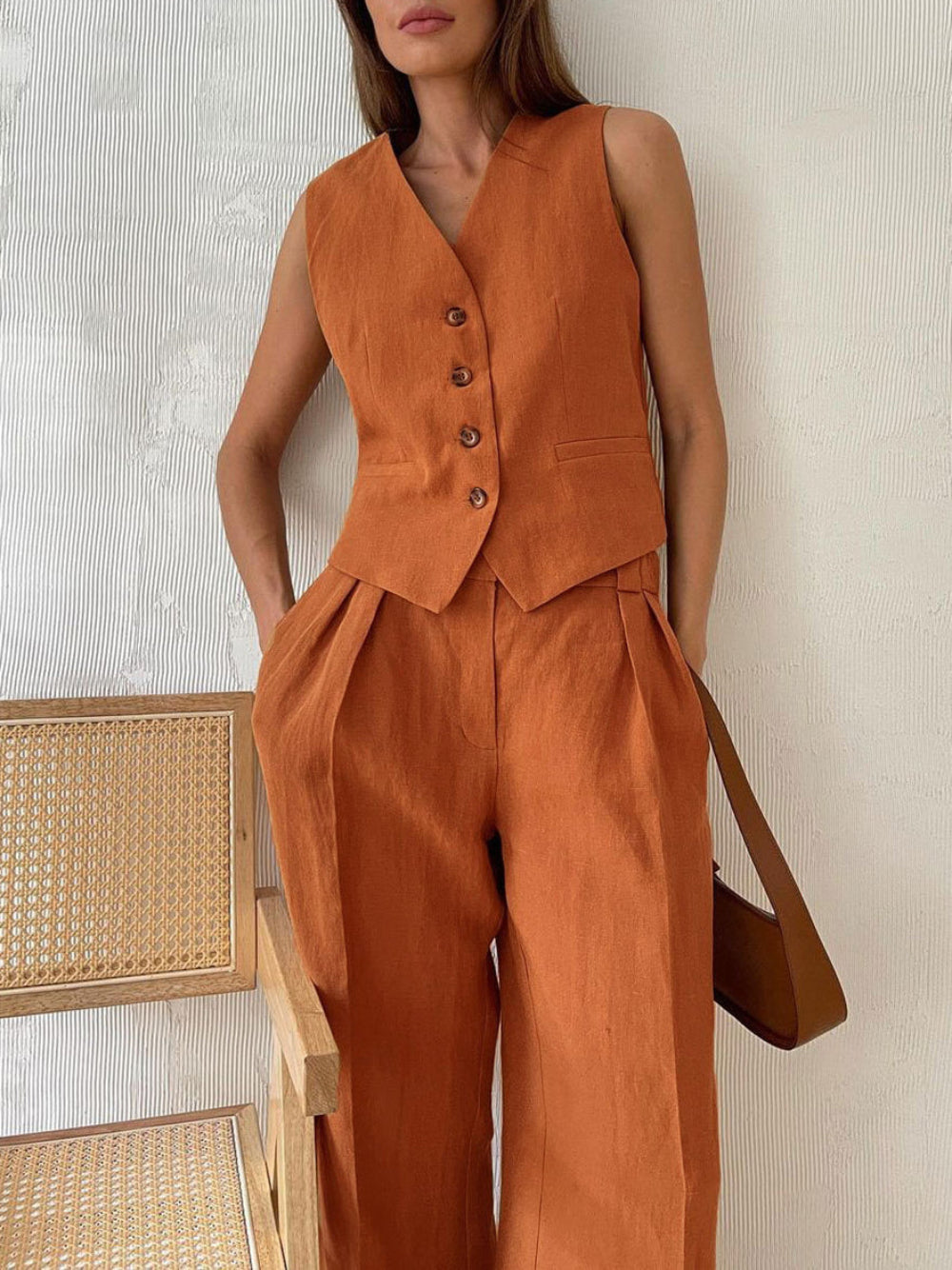 V-neck Pleated Top and Wide-Leg Pants Set for Women