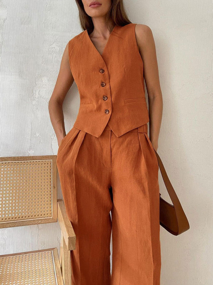 V-neck Pleated Top and Wide-Leg Pants Set for Women