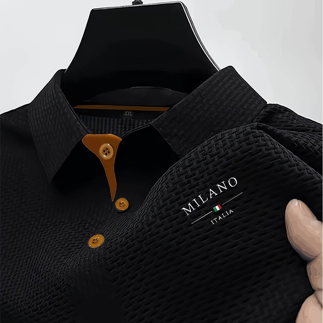 Herre-poloshirt i struktureret vævet stof med knaplukning