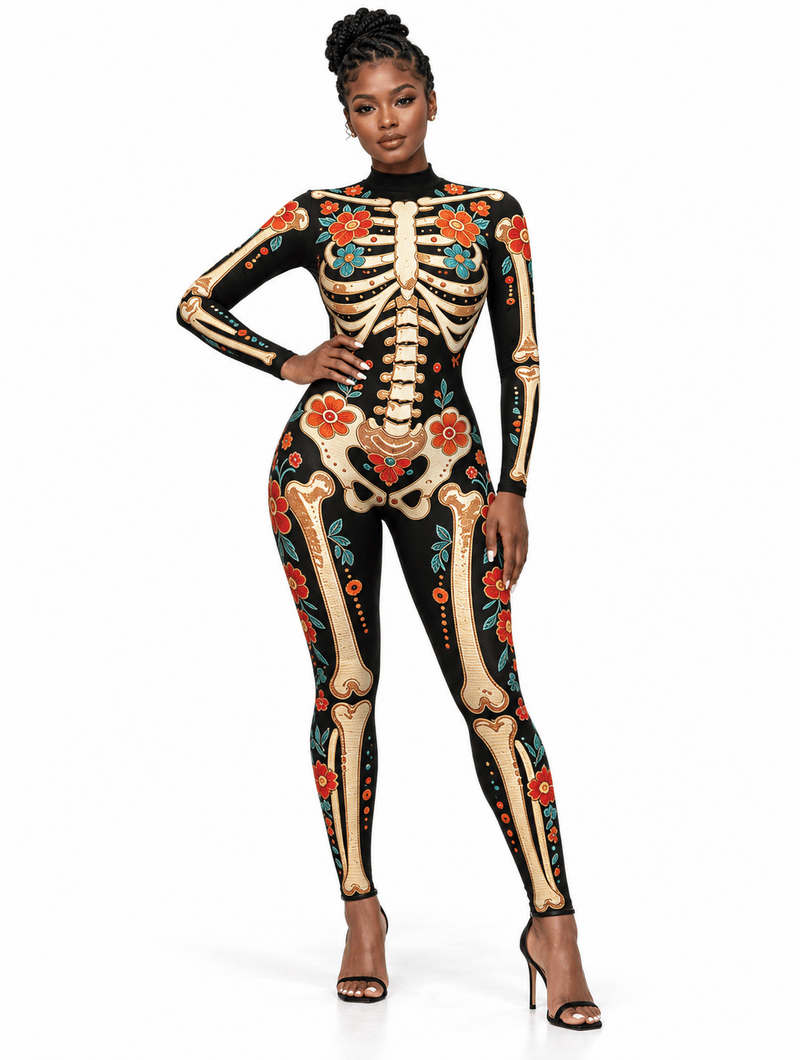 Fitted Jumpsuit with Floral and Skeleton Print for Women