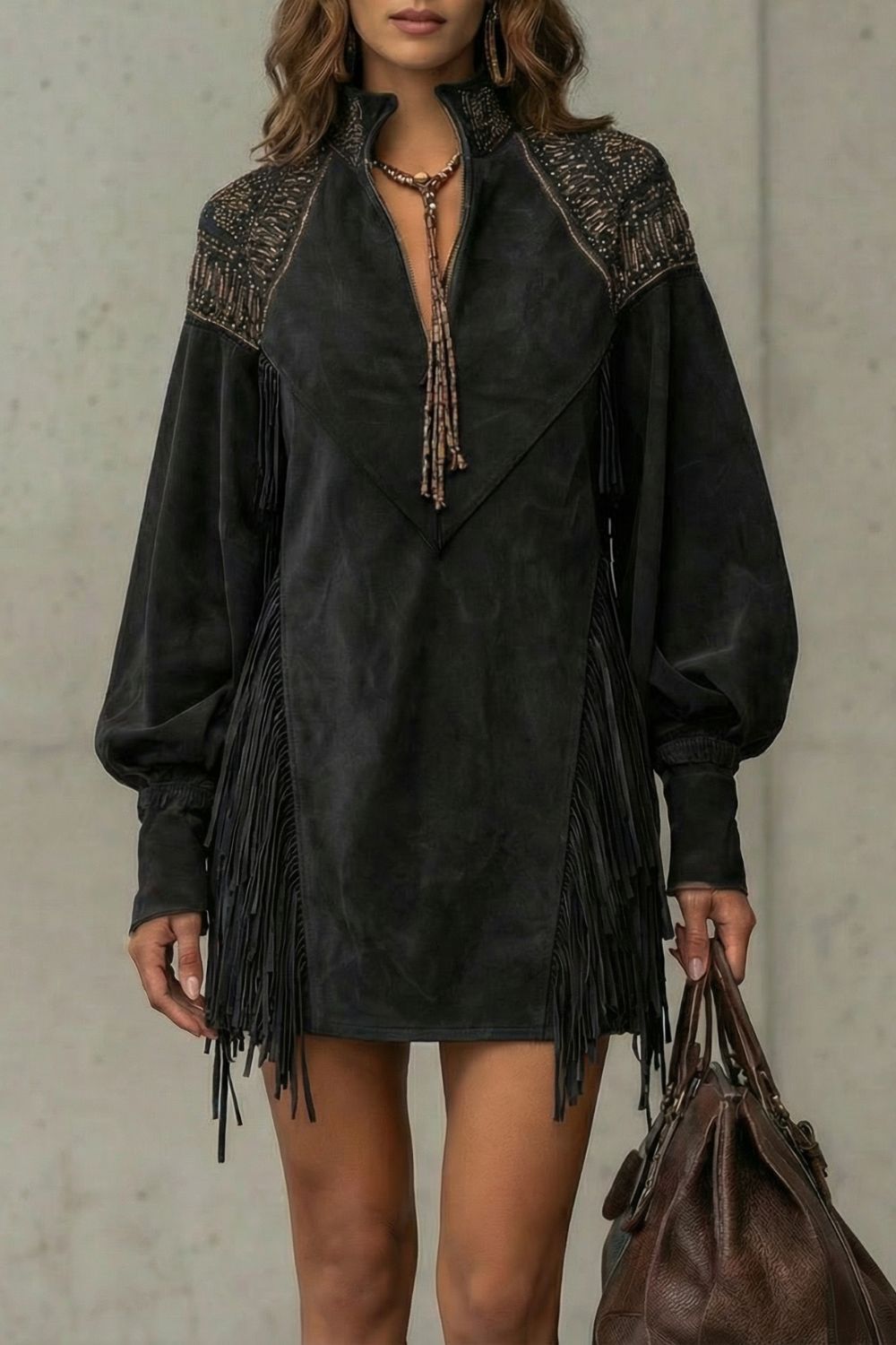 Women's Mini Dress with Embroidery and Fringe Details
