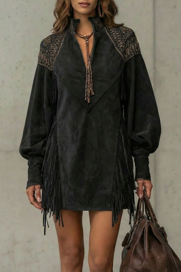 Women's Mini Dress with Embroidery and Fringe Details