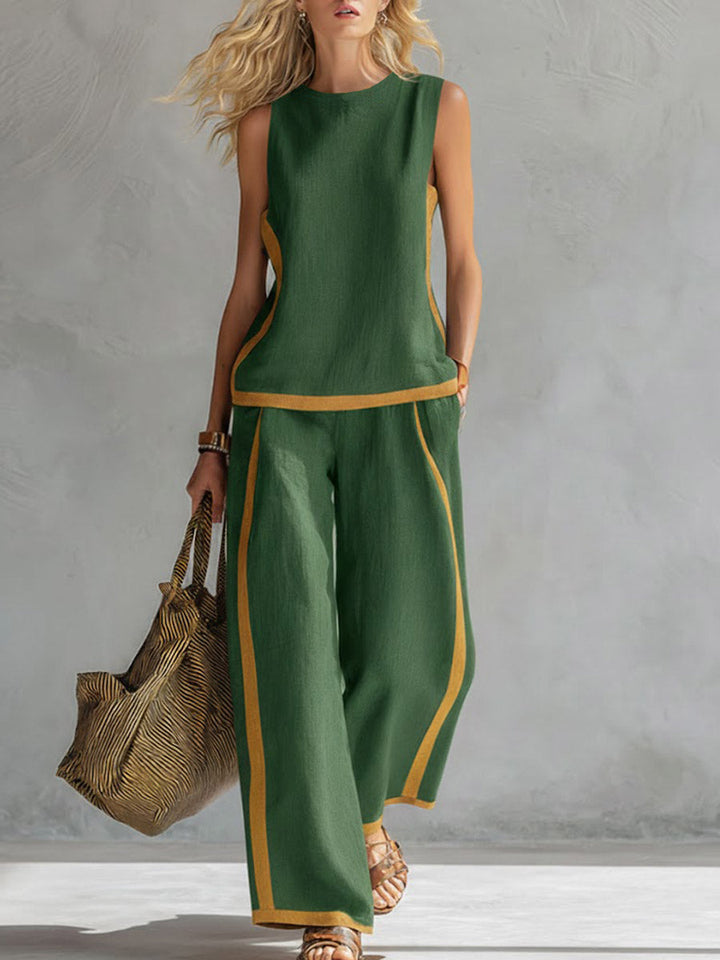Sleeveless Top with a Round Neck and High-Waisted Wide-Leg Pants for Women