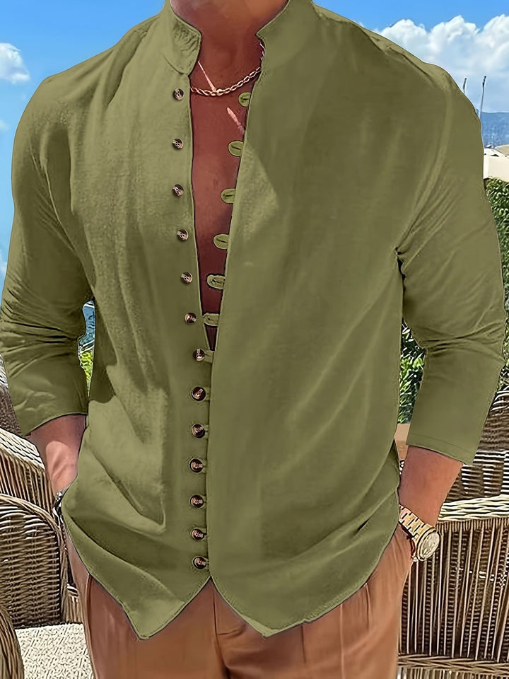 Retro Long-Sleeve Button-Up Shirt for Men