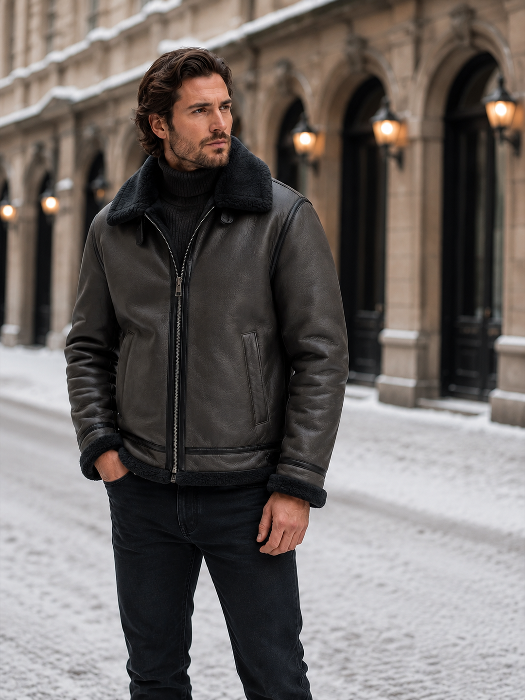 Classic Men's Aviator Jacket with Sheepskin Look