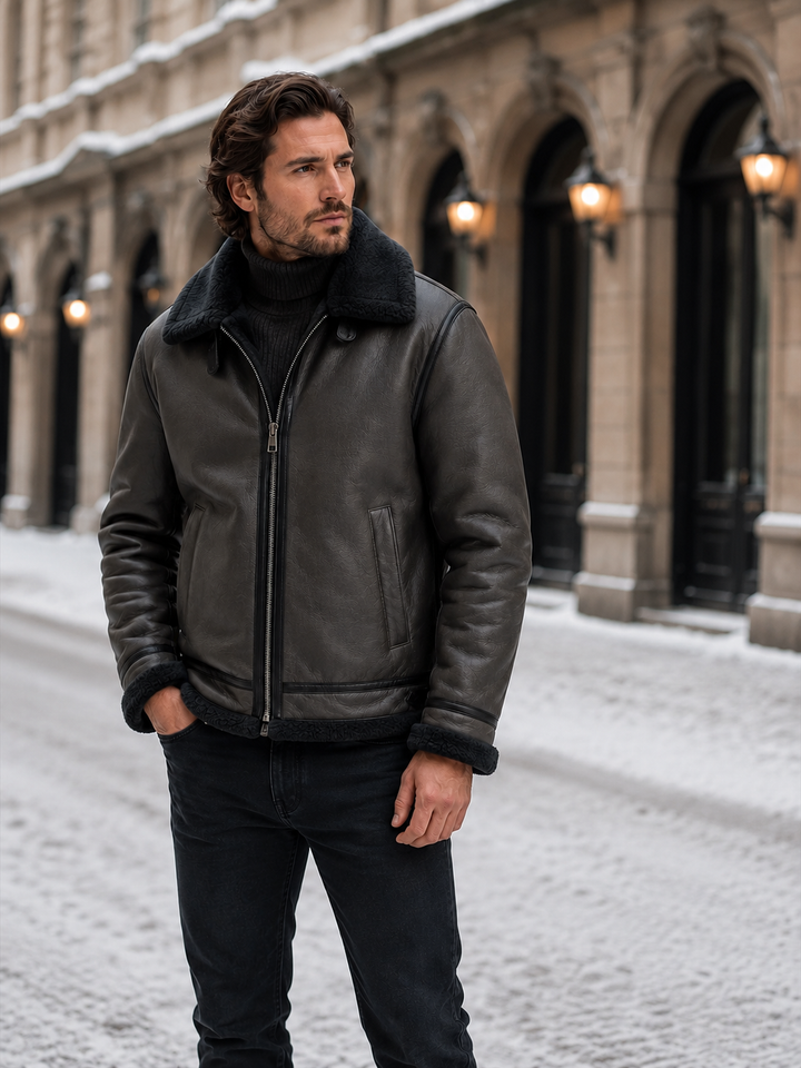 Classic Men's Aviator Jacket with Sheepskin Look