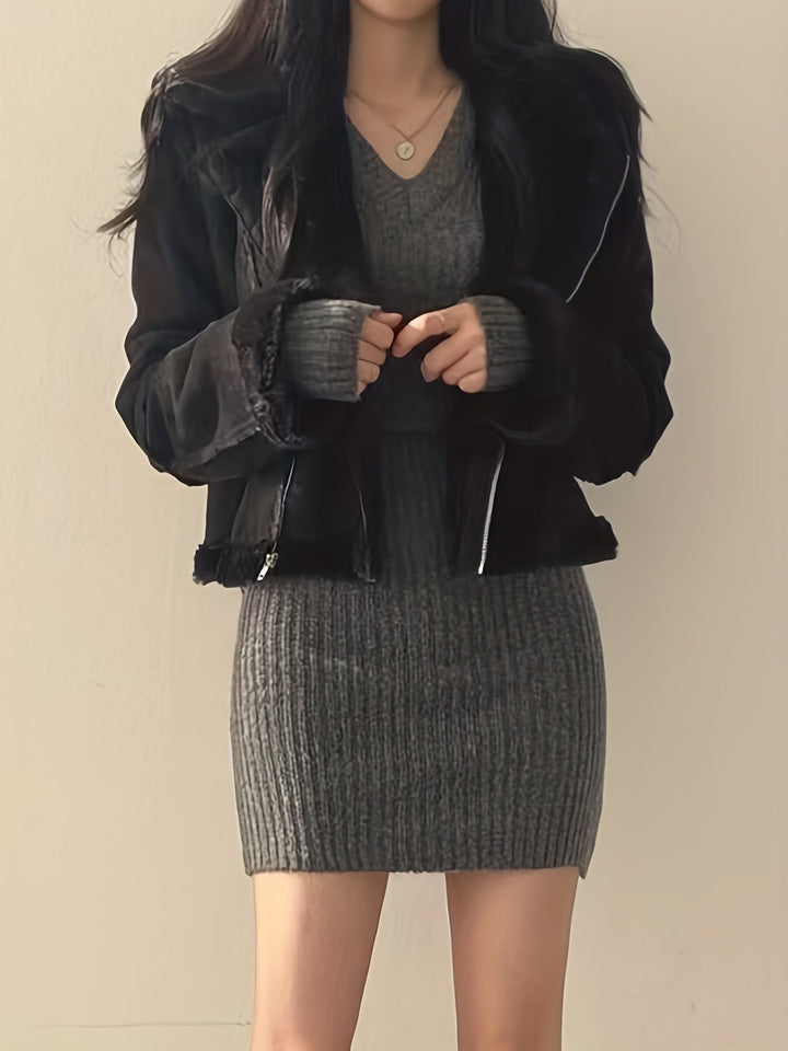 Ribbed V-neck Dress for Women