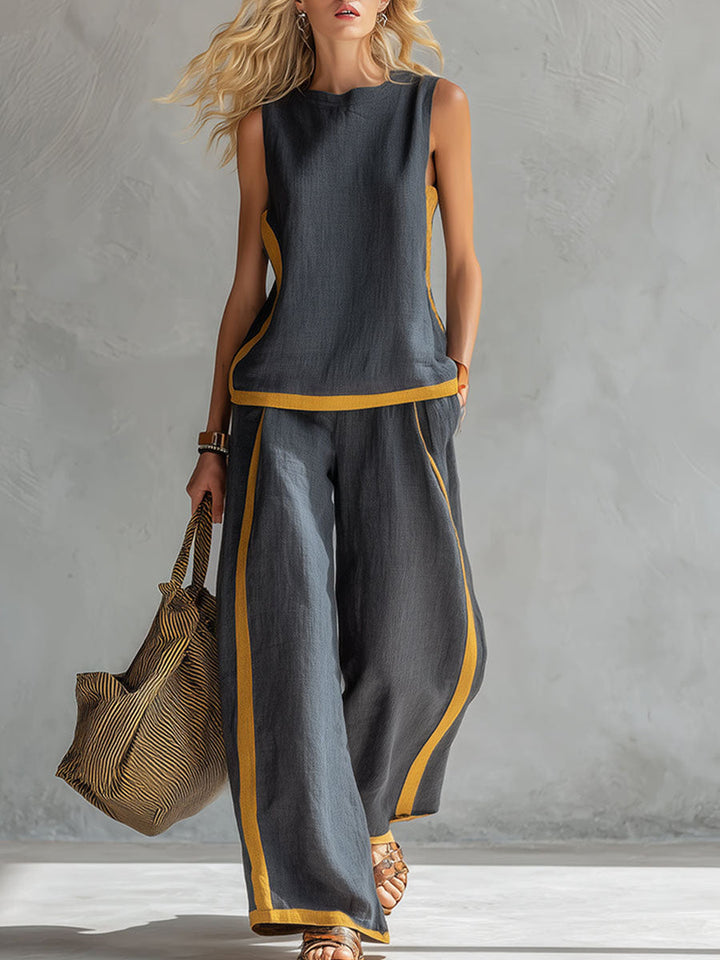 Sleeveless Top with a Round Neck and High-Waisted Wide-Leg Pants for Women