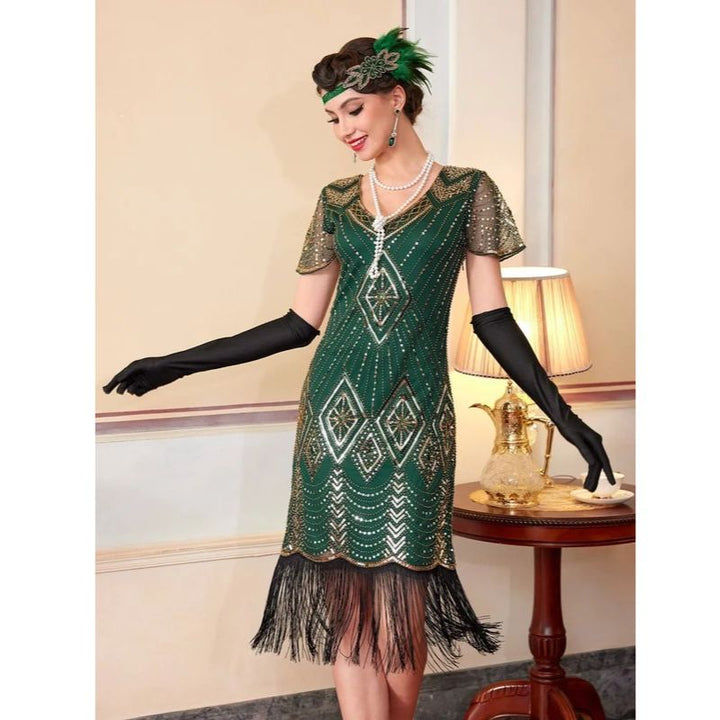 1920s Dress with Beading and Sheer Sleeves for Women