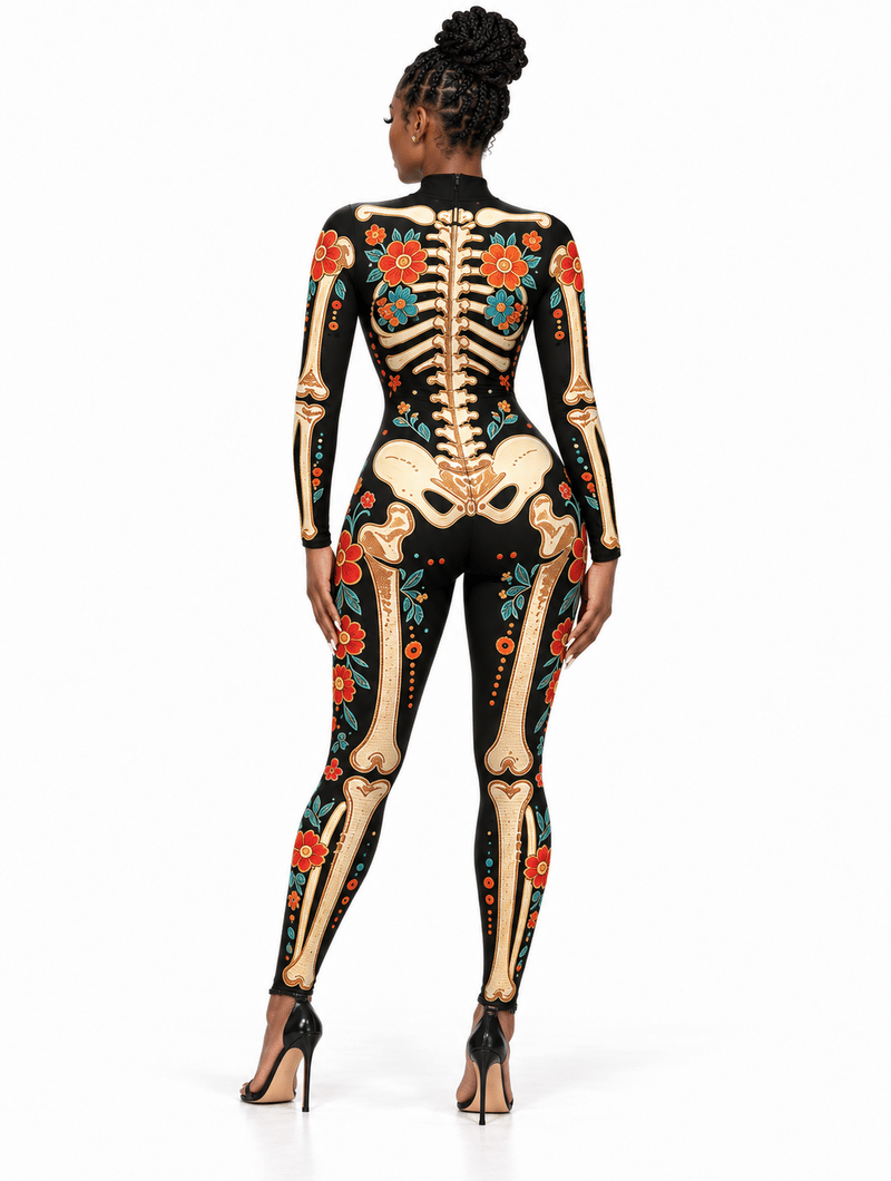 Fitted Jumpsuit with Floral and Skeleton Print for Women