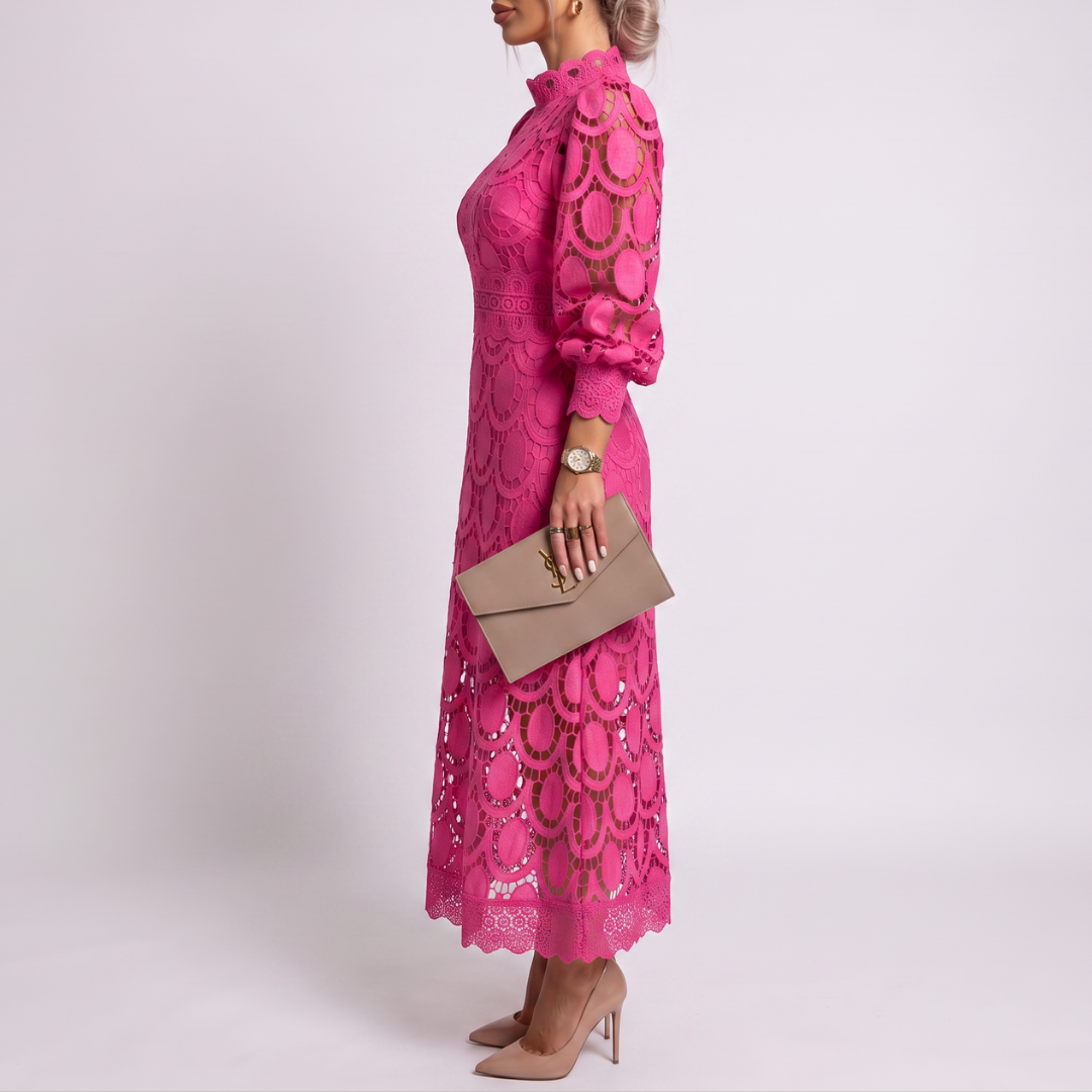 Women's summer lace dress with puff sleeves and a high neckline