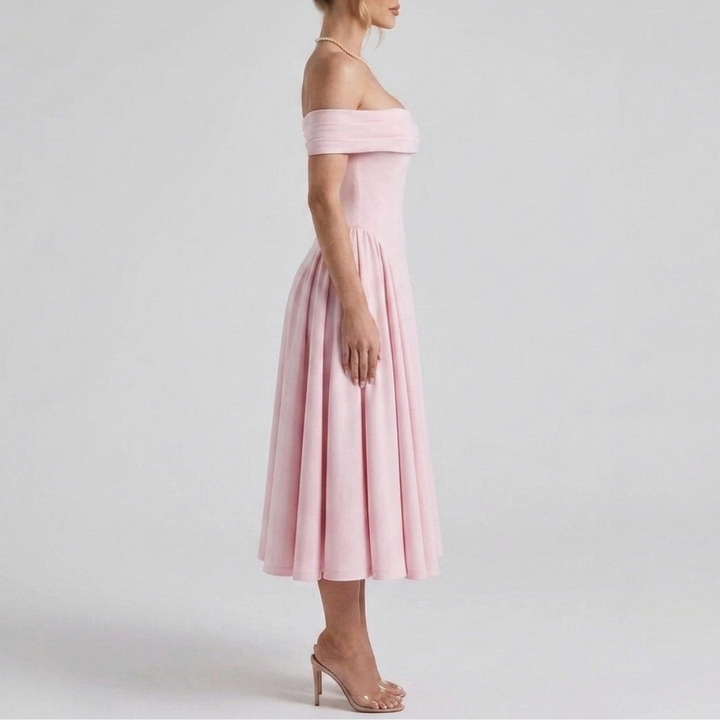 Midi dress with bare shoulders and a flared skirt for women