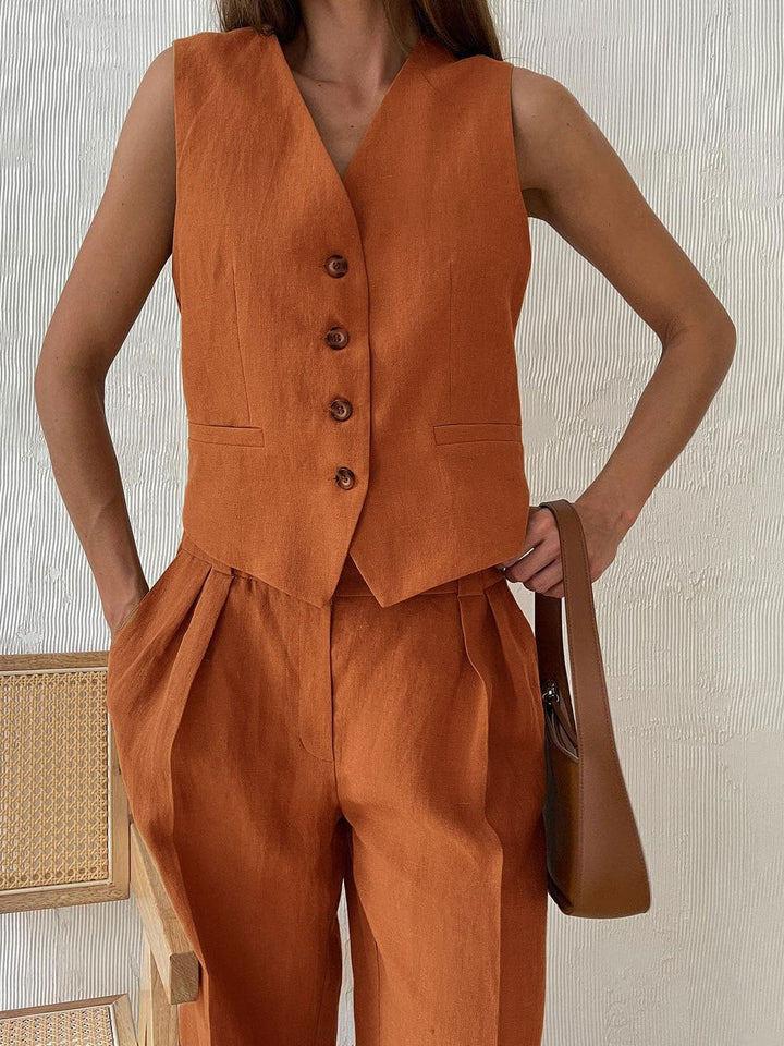 V-neck Pleated Top and Wide-Leg Pants Set for Women