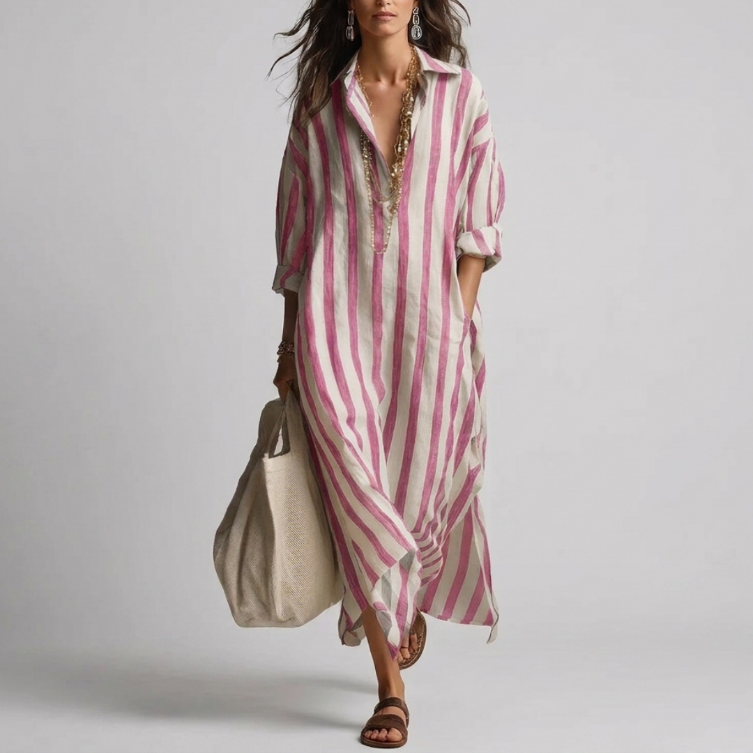 Relaxed striped linen maxi dress with a collar and long sleeves for women