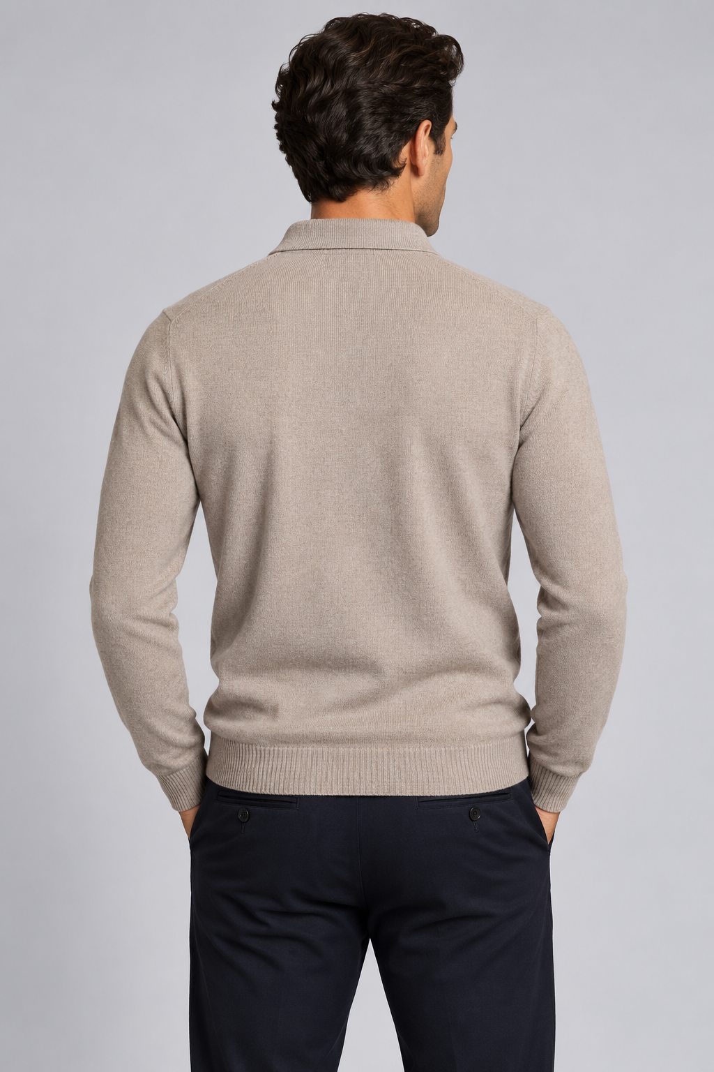 Herre polosweater i merinould og kashmir med jacquardstrik