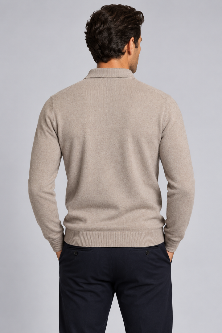Herre polosweater i merinould og kashmir med jacquardstrik
