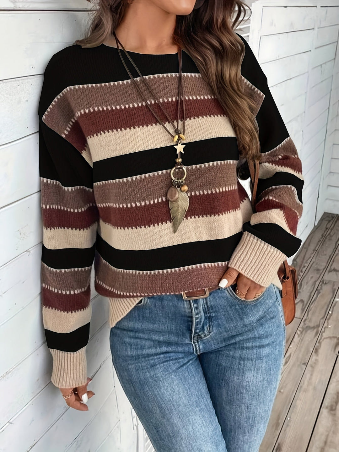 Striped Sweater with Crew Neck for Women