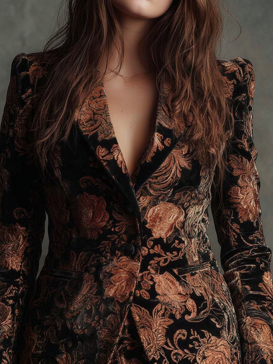 Women's floral jacquard blazer with lapels