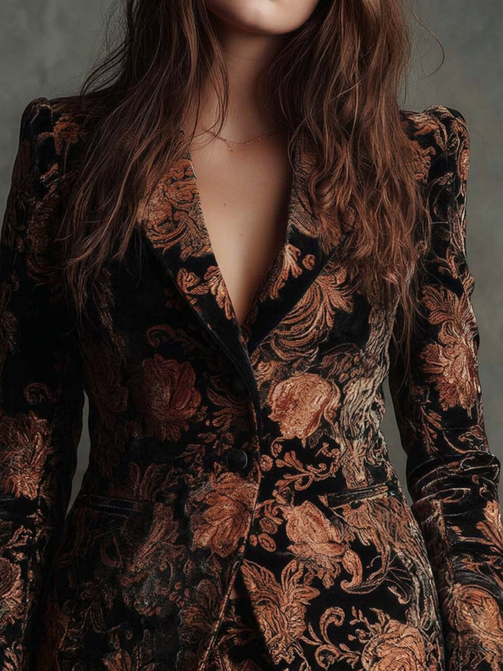Women's floral jacquard blazer with lapels