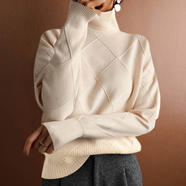 Loose-Fit Women's Turtleneck Sweater with Diamond Pattern and Long Sleeves