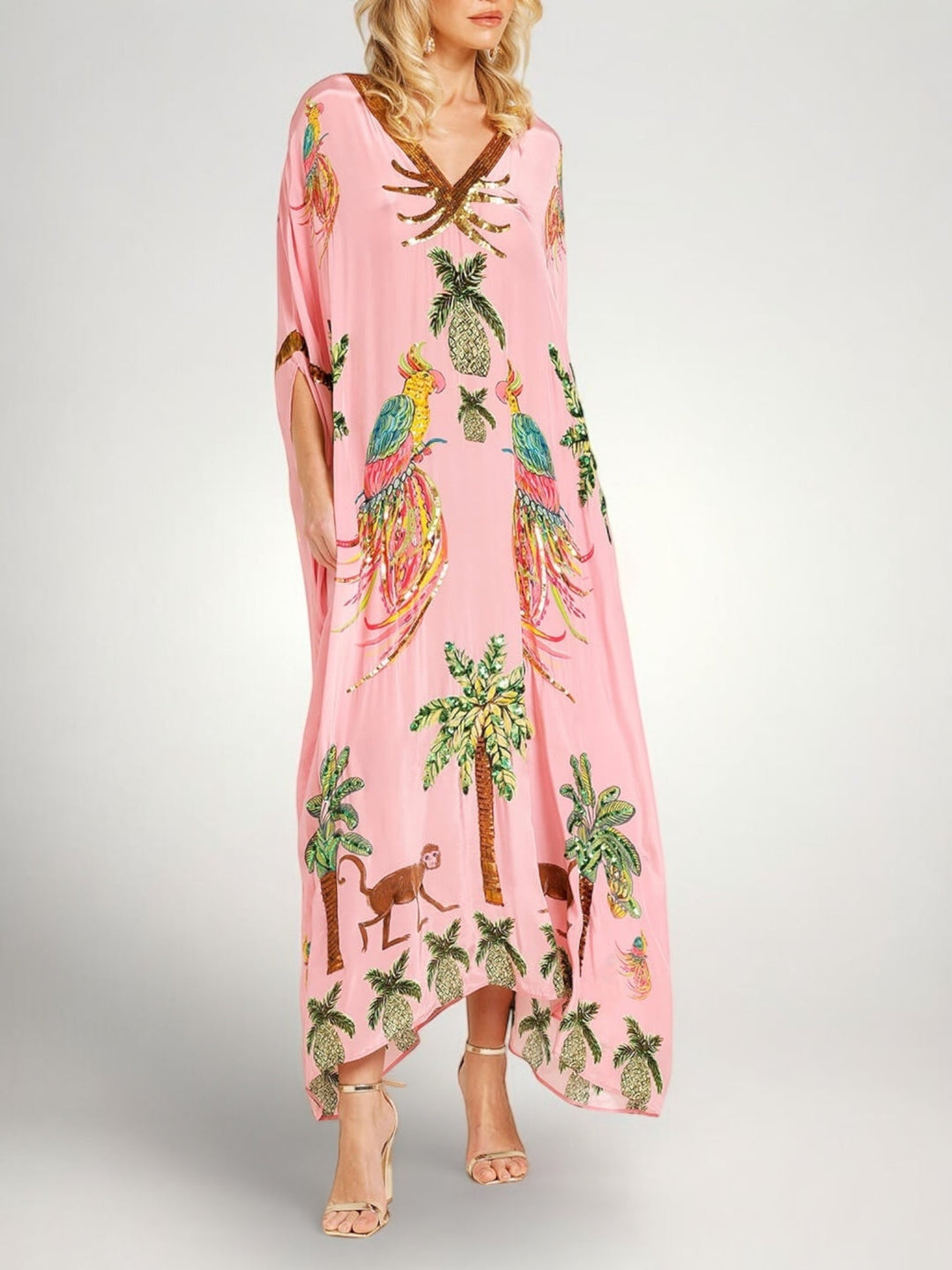 Løs dame-kjole med kokospalmeprint og drop shoulder