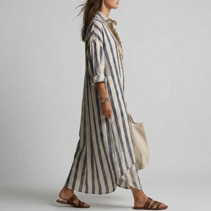 Relaxed striped linen maxi dress with a collar and long sleeves for women