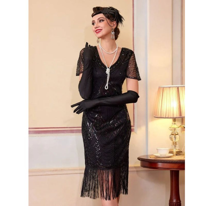 1920s Dress with Beading and Sheer Sleeves for Women