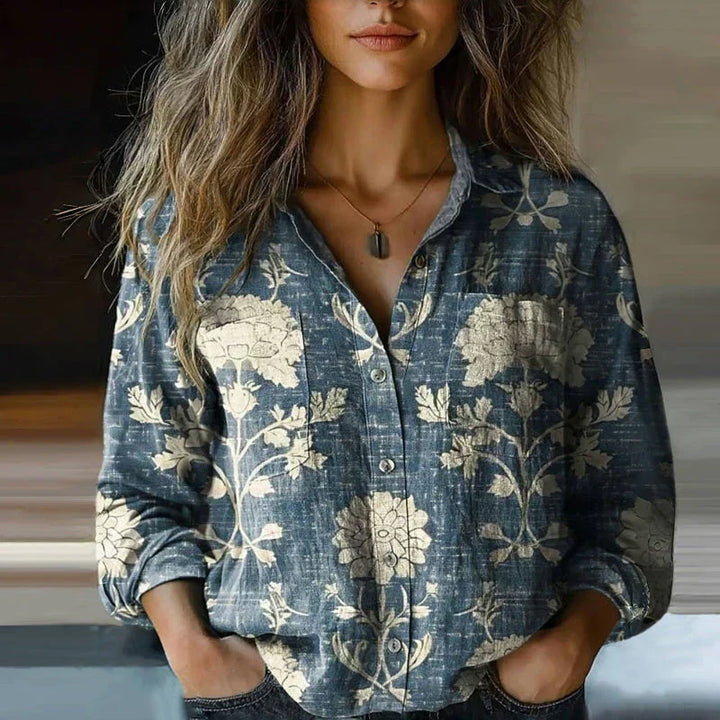 Dame langærmet bluse med krave og blomsterprint