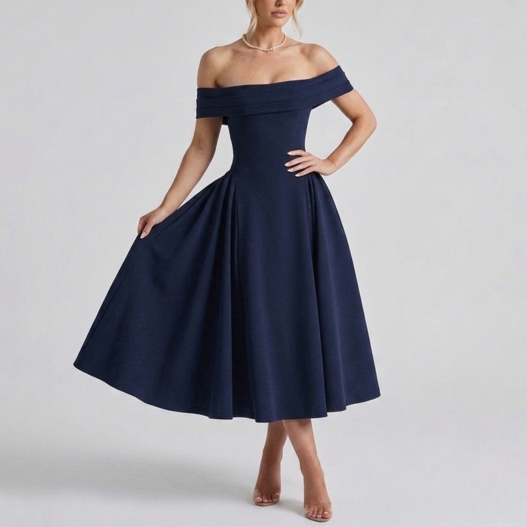 Midi dress with bare shoulders and a flared skirt for women
