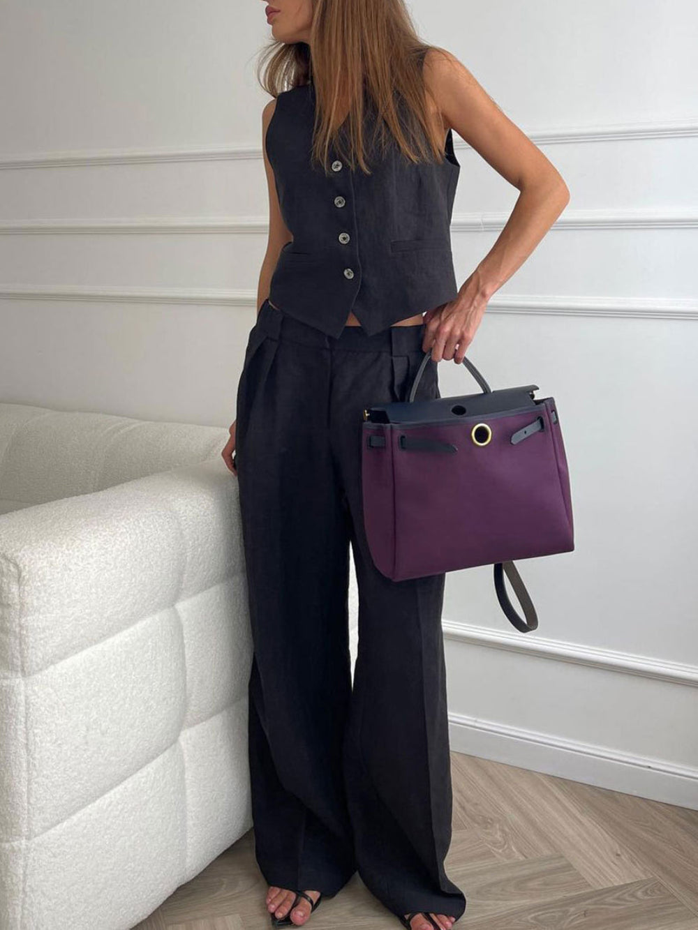 V-neck Pleated Top and Wide-Leg Pants Set for Women