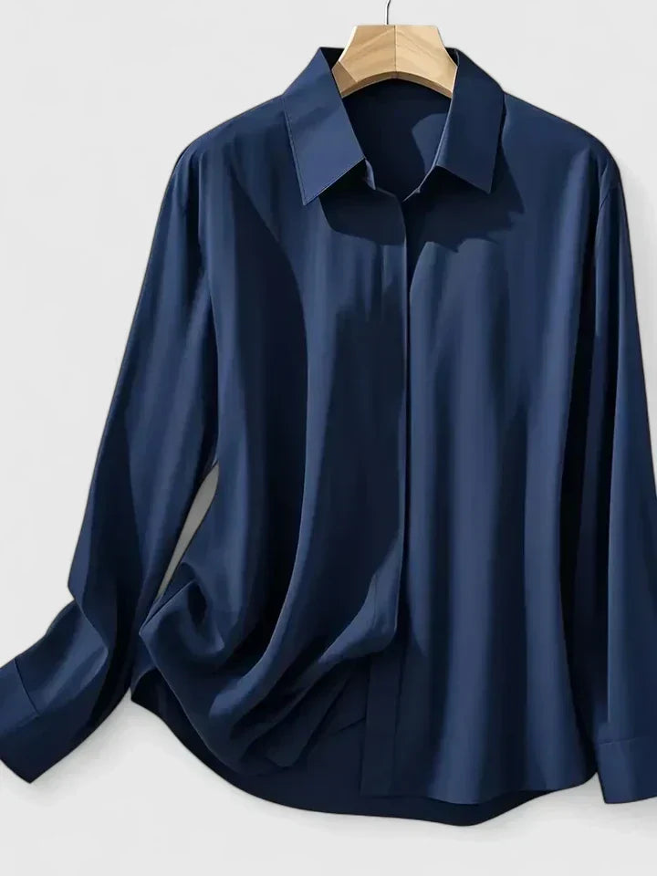 Long-Sleeved Shirt with Hidden Button Closure and Curved Hem for Women