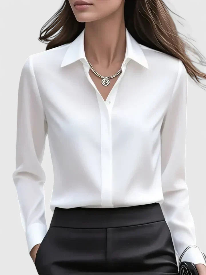 Long-Sleeved Shirt with Hidden Button Closure and Curved Hem for Women