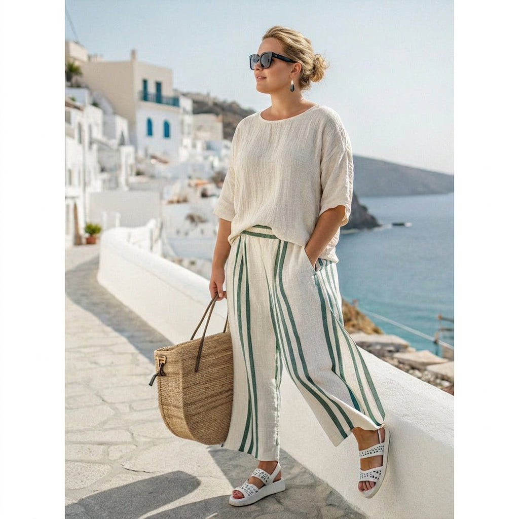 Striped two-piece set with a roomy top and wide-leg pants for women