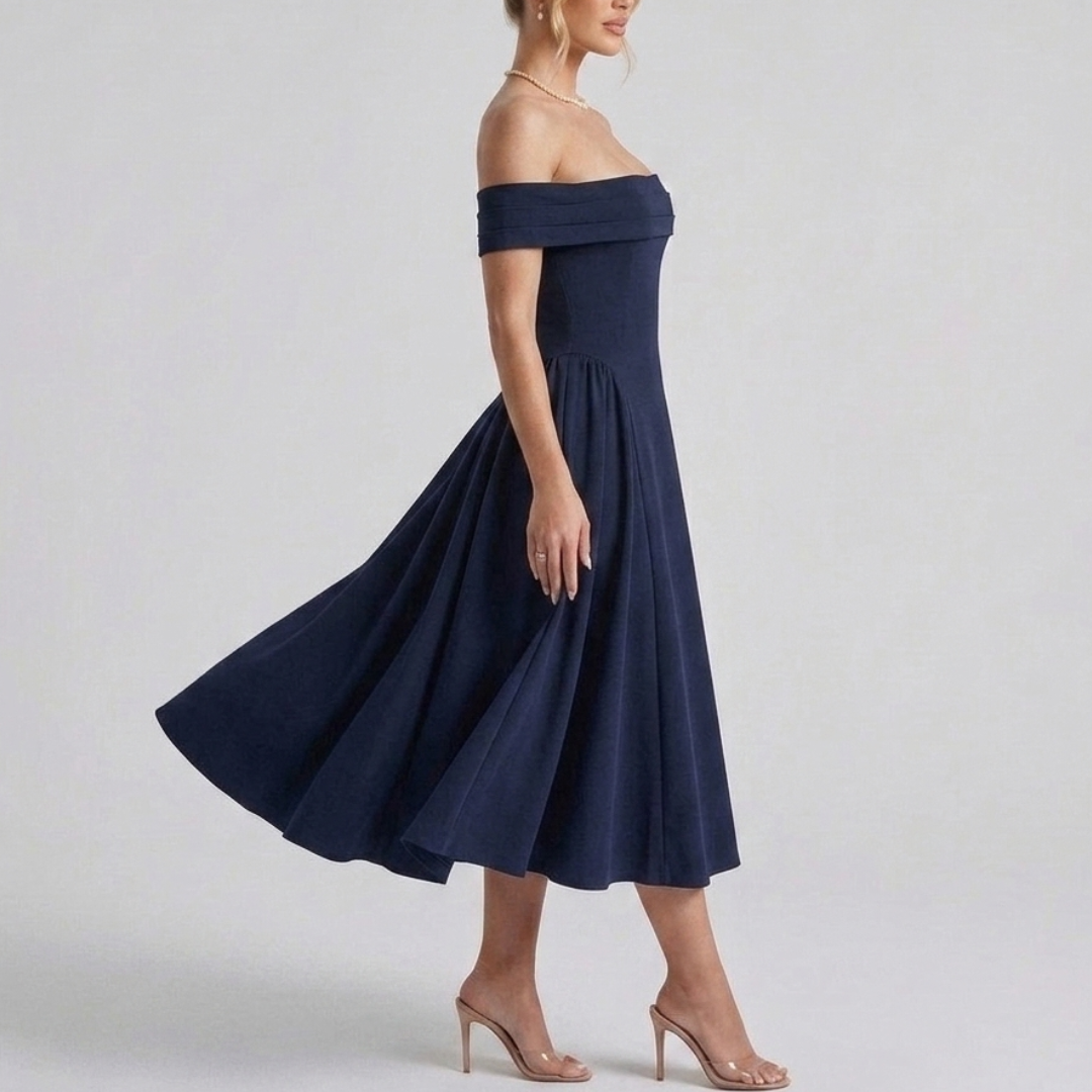 Midi dress with bare shoulders and a flared skirt for women