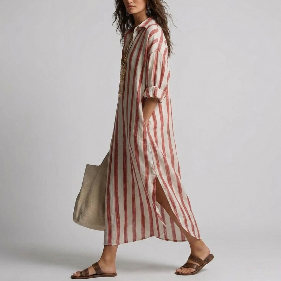 Relaxed striped linen maxi dress with a collar and long sleeves for women