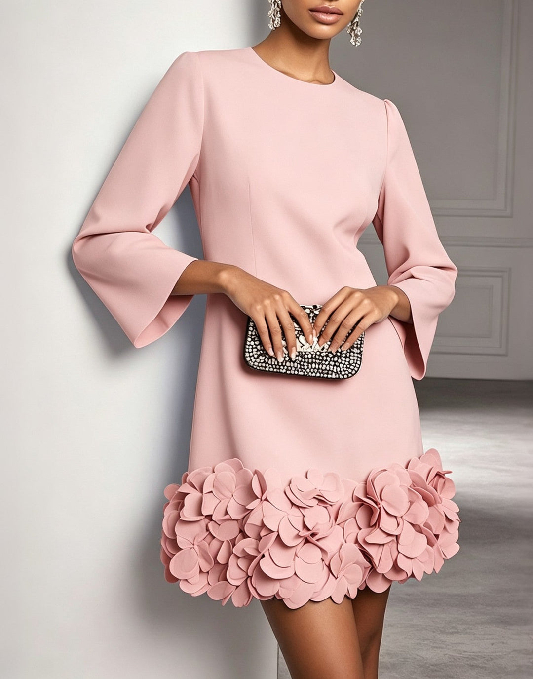 Women's Mini Dress with Round Neck, 3D Flowers, and Ruffle Trim