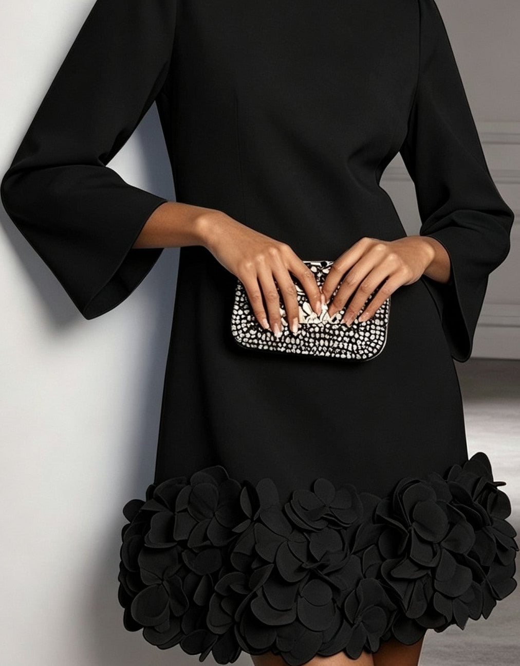 Women's Mini Dress with Round Neck, 3D Flowers, and Ruffle Trim