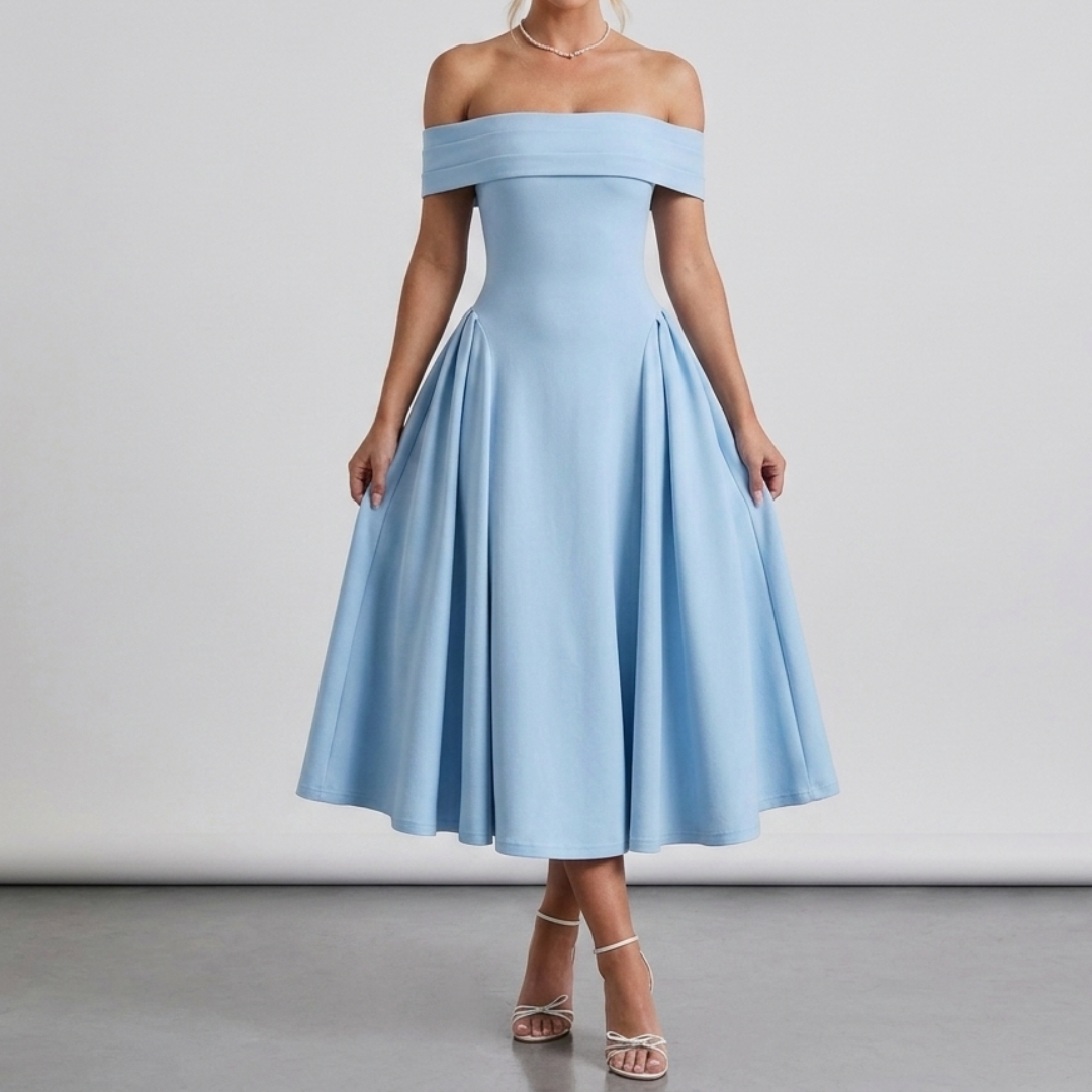 Midi dress with bare shoulders and a flared skirt for women