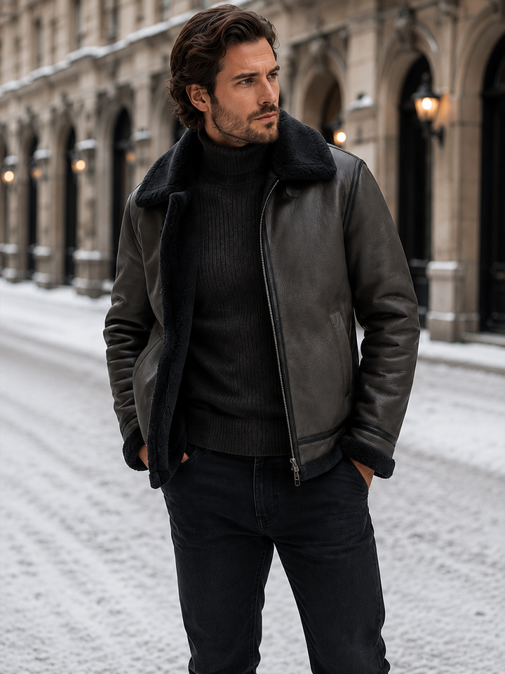 Classic Men's Aviator Jacket with Sheepskin Look
