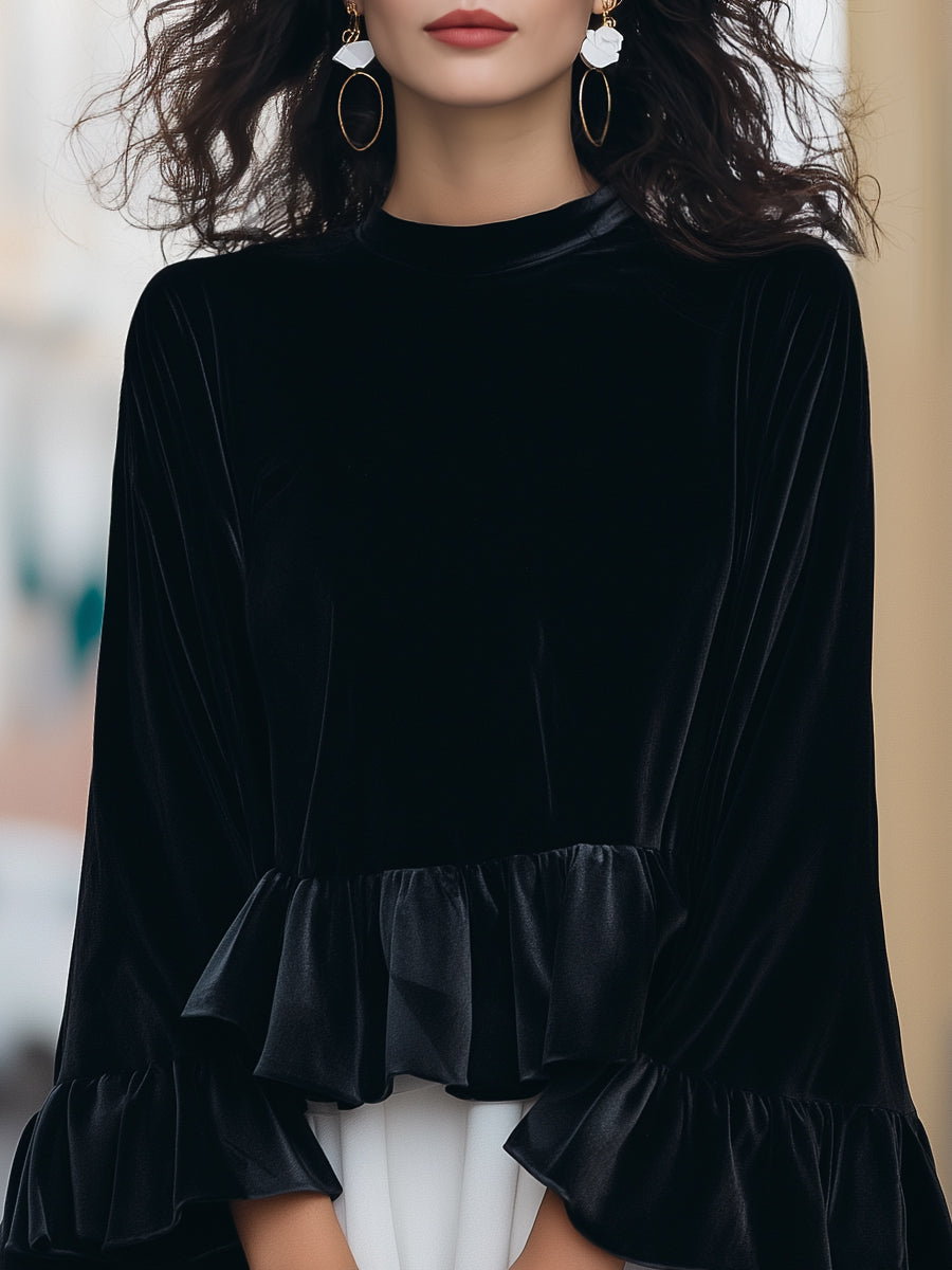 Velvet Bluse med Flæsekant til Kvinder