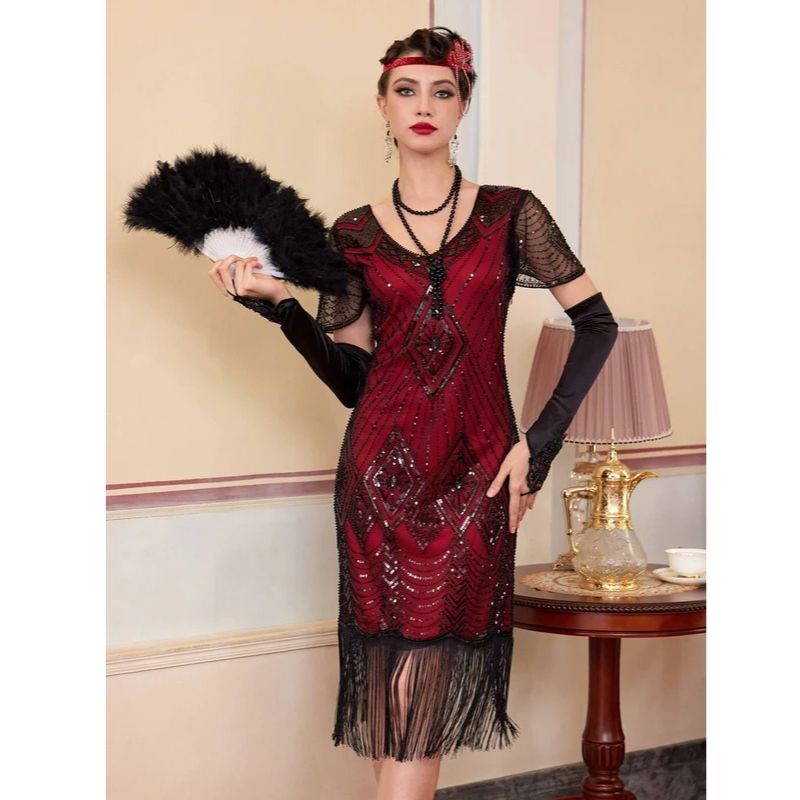 1920s Dress with Beading and Sheer Sleeves for Women