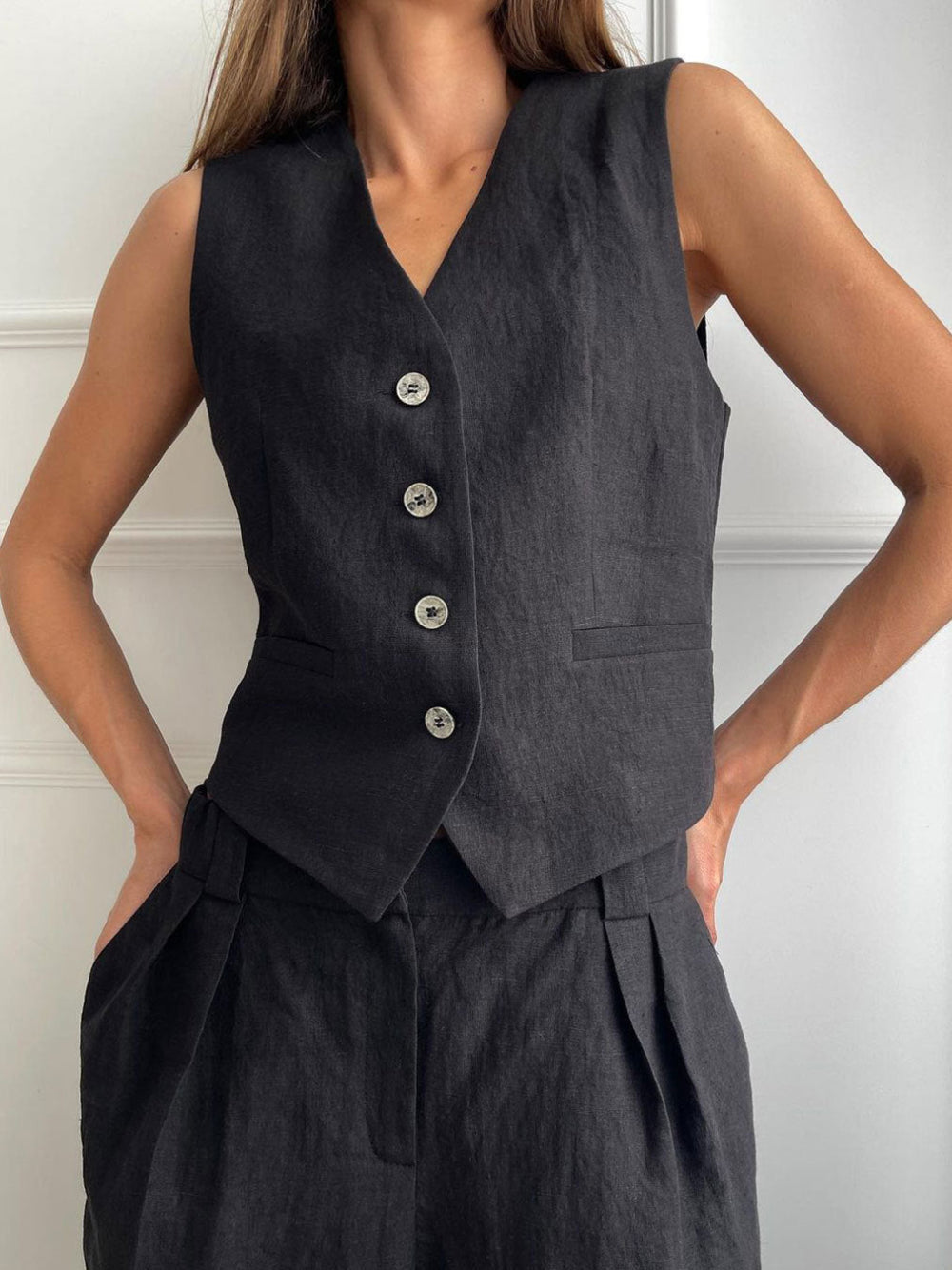 V-neck Pleated Top and Wide-Leg Pants Set for Women
