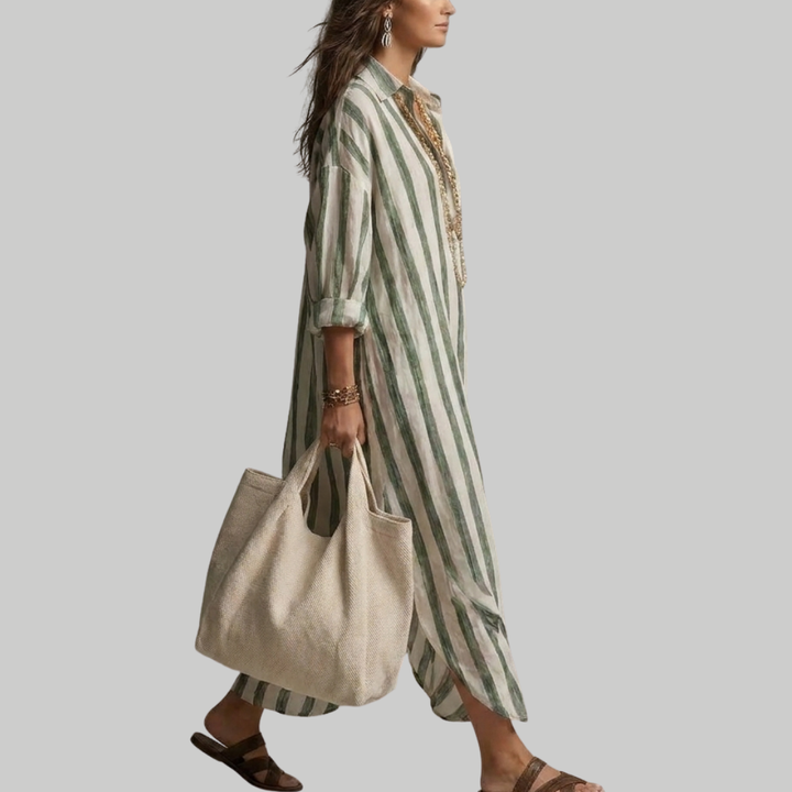 Relaxed striped linen maxi dress with a collar and long sleeves for women