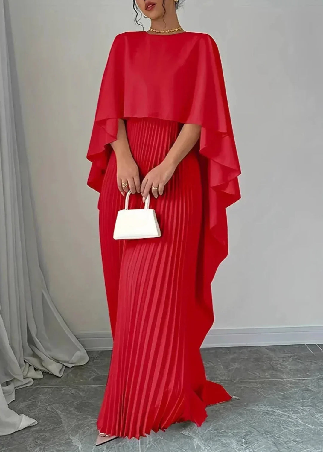Maxi dress with cape and pleated skirt for women