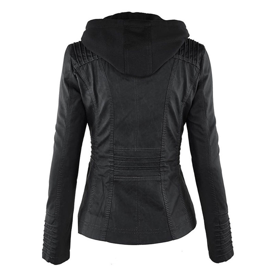Weather-resistant leather jacket with hood for women