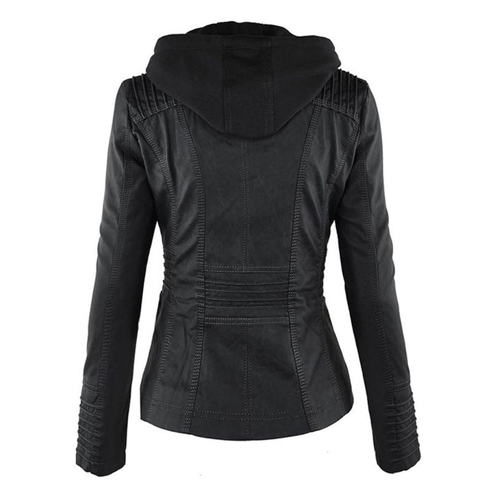 Weather-resistant leather jacket with hood for women