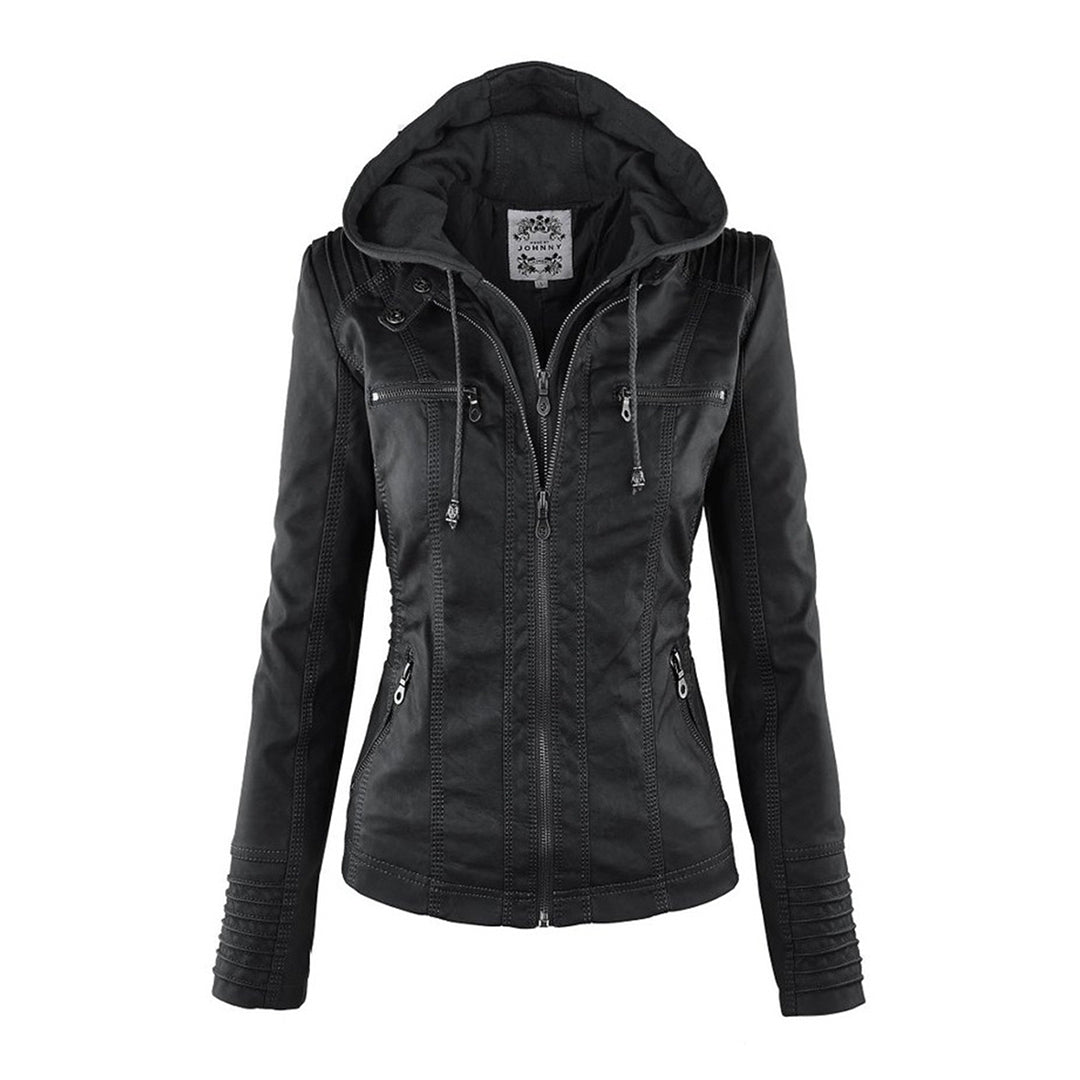 Weather-resistant leather jacket with hood for women