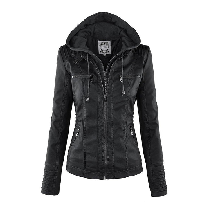 Weather-resistant leather jacket with hood for women